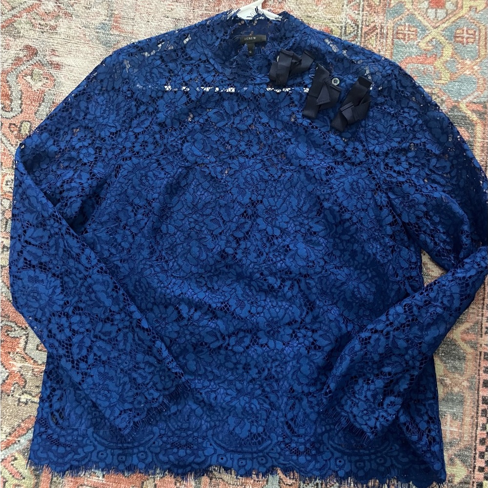 J.Crew bright blue and navy blue lace blouse with bows. Size 12.